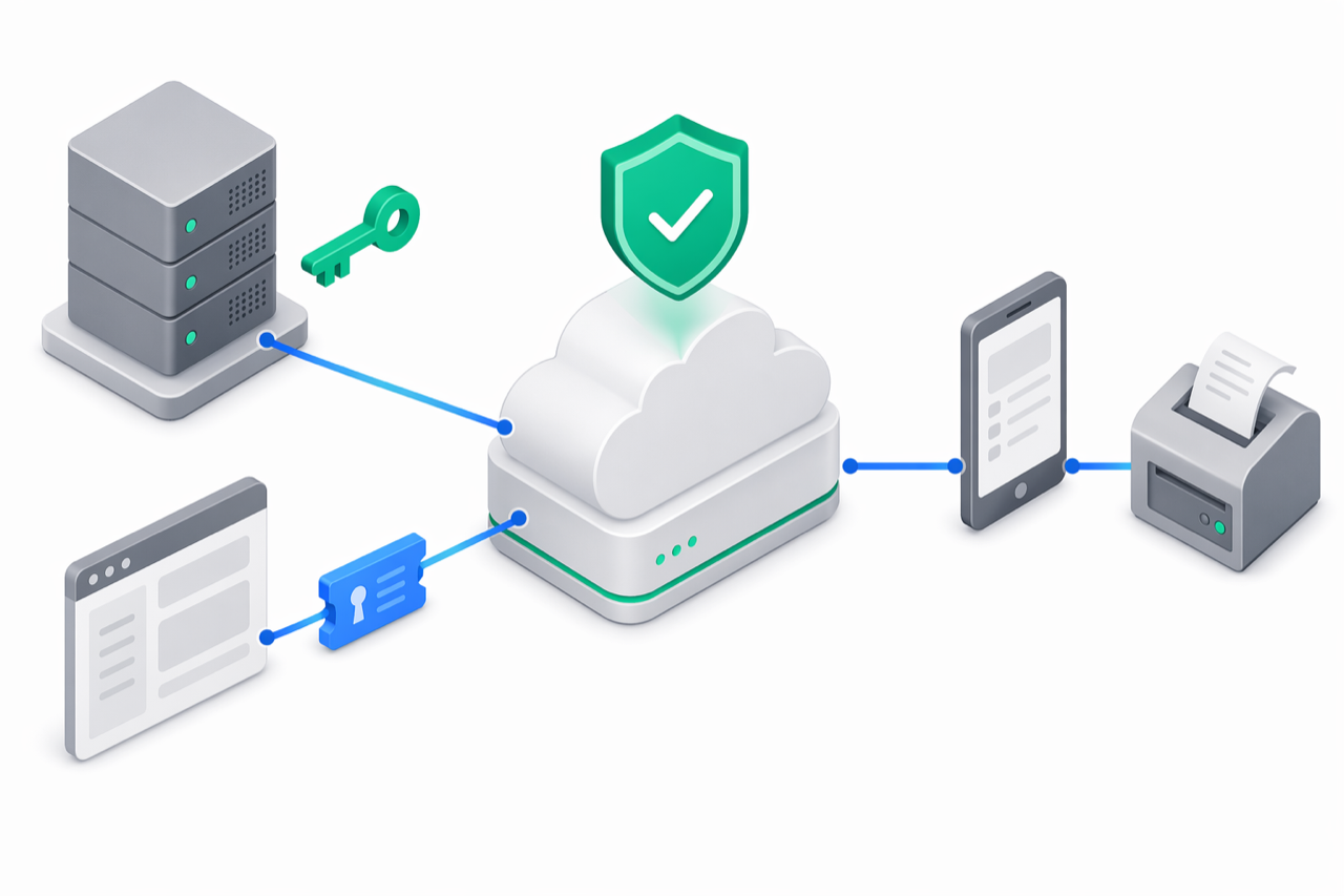 Isometric illustration of API key and JWT authentication: a backend server with an emerald key and a portal browser with a blue token both authenticate to the e-bon cloud, which carries an emerald shield-with-checkmark and forwards traffic through a phone middleware device to a fiscal printer