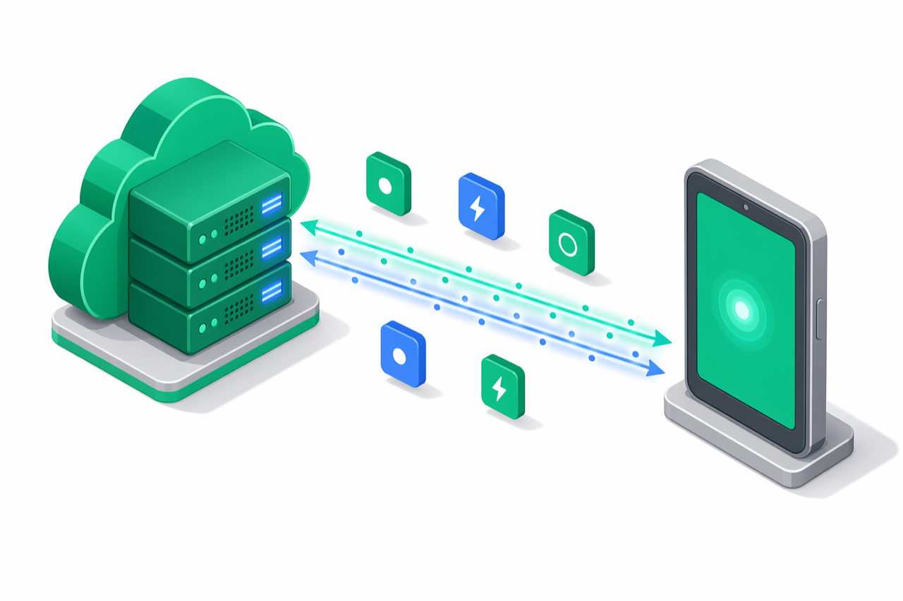 Ilustrație izometrică a unui server cloud e-bon care transmite evenimente în timp real prin WebSocket către un dispozitiv intermediar de tip tabletă