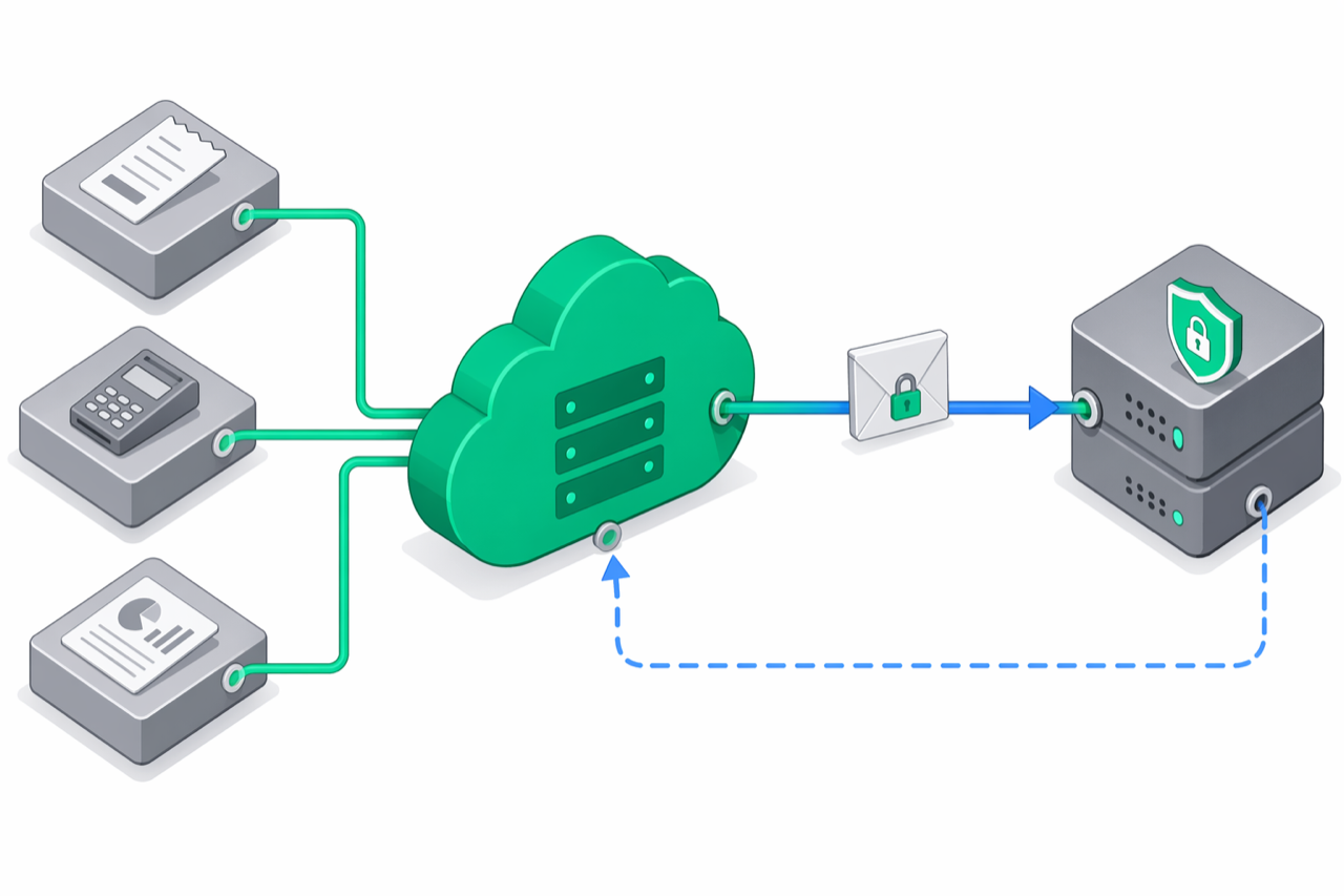 Isometric illustration of an e-bon cloud server delivering signed webhook event payloads to a developer's receiving server, with fiscal event sources feeding in and a retry loop