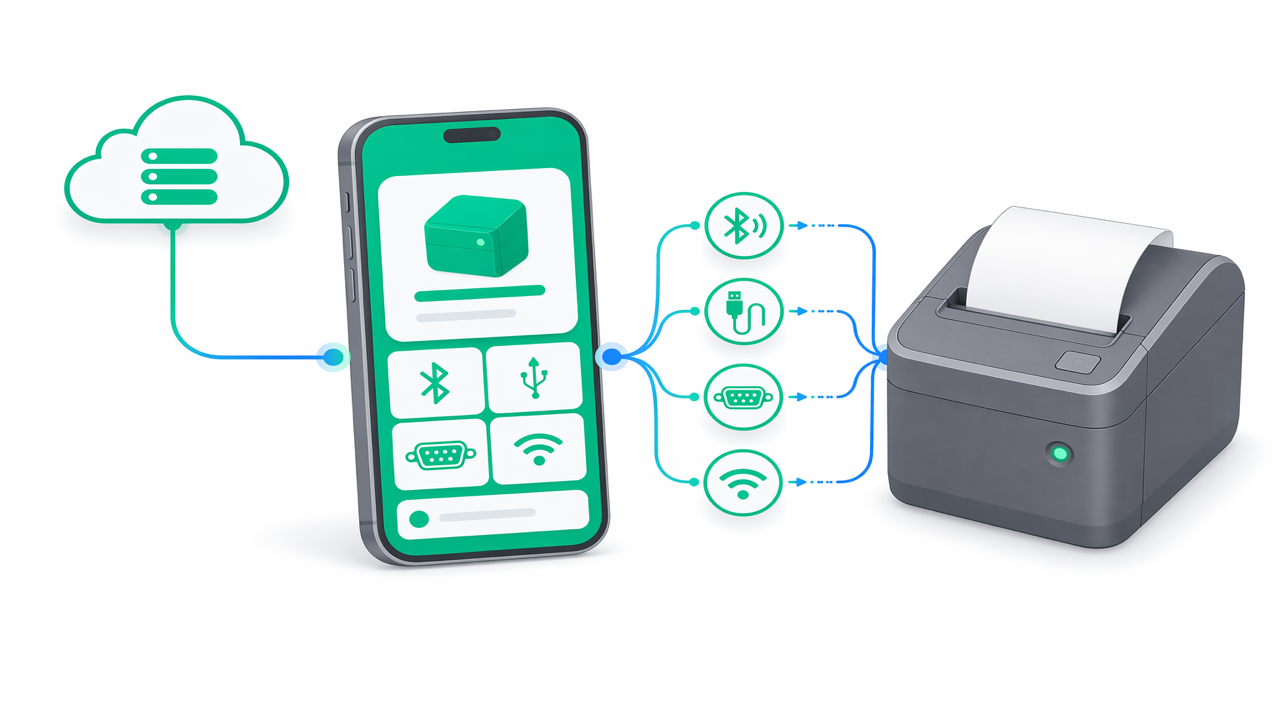 Cloud, smartphone cu aplicația e-bon și o imprimantă fiscală conectate prin Bluetooth, USB, serial și TCP
