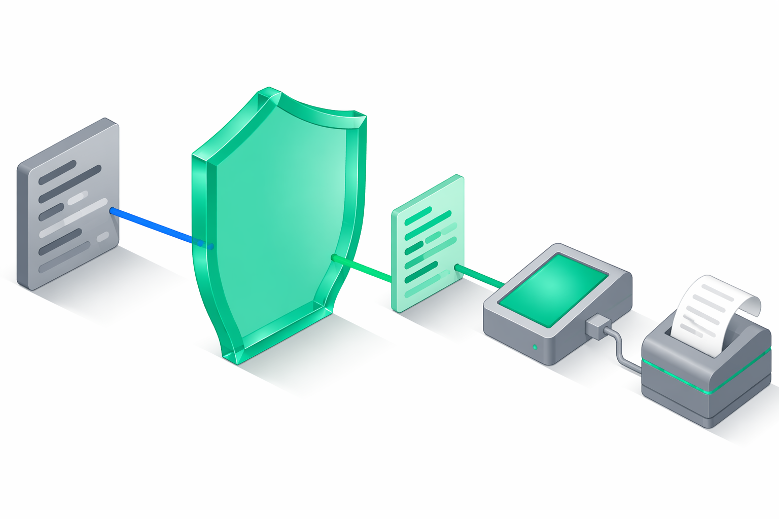 Diagramă izometrică cu o poartă de validare emerald care inspectează un payload JSON înainte de a ajunge la tableta middleware e-bon și apoi la imprimanta fiscală