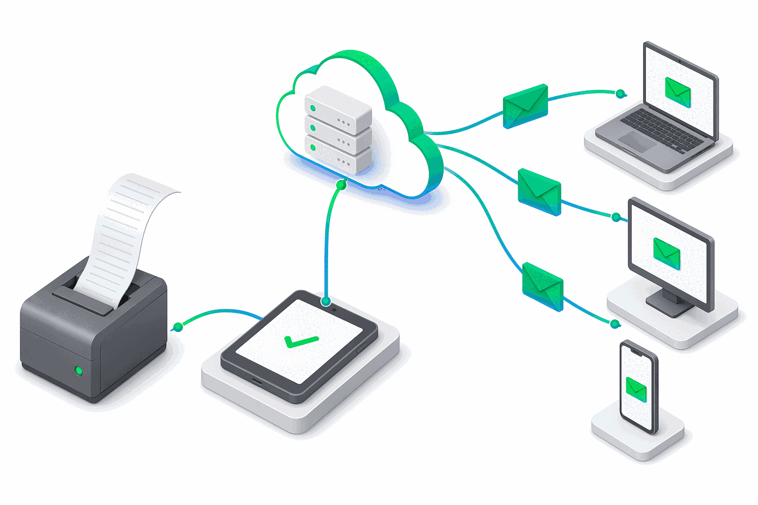 Isometric diagram of a fiscal printer sending a Z report through a middleware tablet up to the e-bon cloud, which then fans out email envelopes to a laptop, a desktop monitor and a phone
