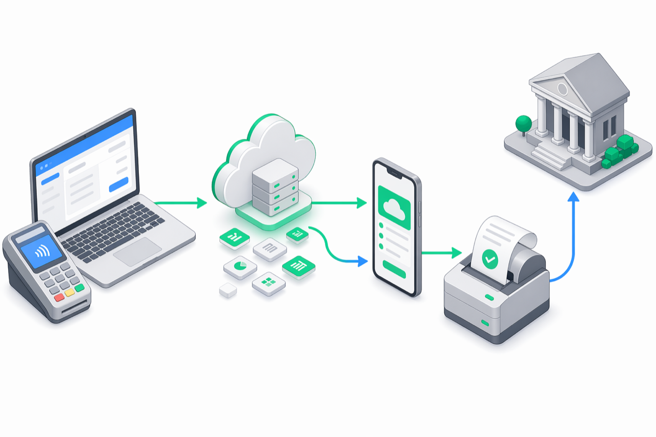 Isometric illustration of the e-bon architecture: a POS terminal and laptop on the left, an emerald e-bon cloud in the middle, a phone middleware device, a fiscal printer printing a receipt, and a small government building on the right representing ANAF, all connected by emerald and blue arrows.