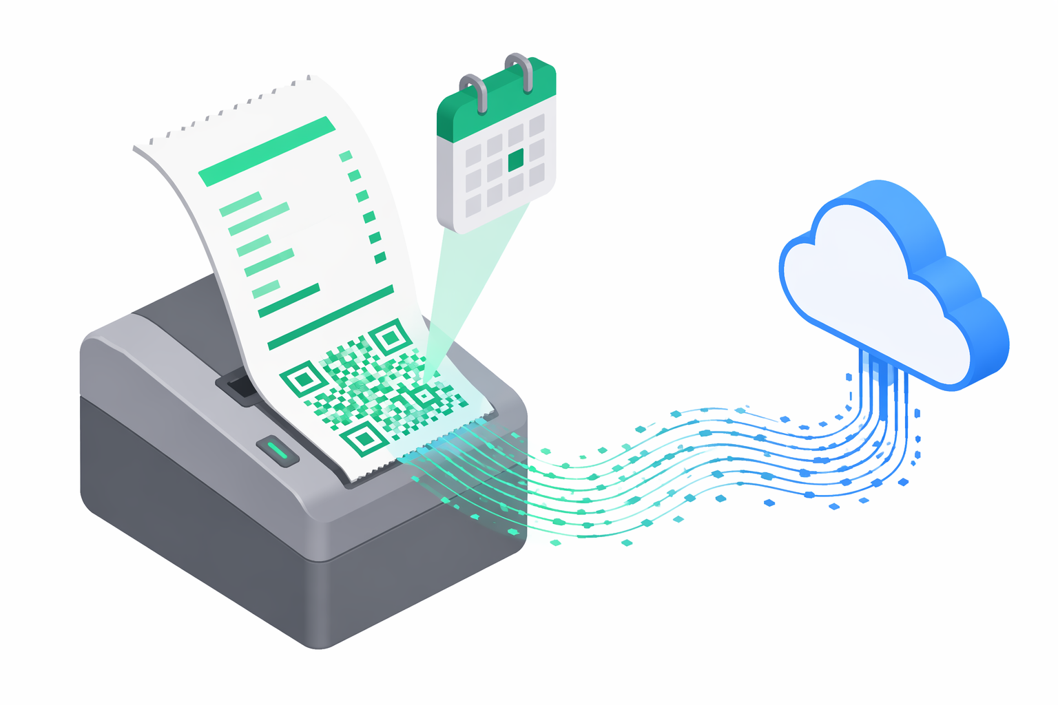 Isometric illustration of a thermal fiscal printer producing a paper receipt with a prominent QR code at its base, while a stream of data flows from the QR code to a small cloud icon — depicting the 2026 mandatory bon fiscal digital QR verification flow
