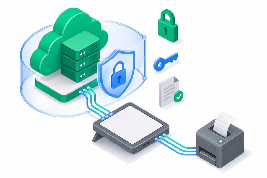 Isometric illustration of an encrypted cloud server linked to a tablet middleware device and fiscal printer, wrapped by a blue privacy shield with padlock and key icons
