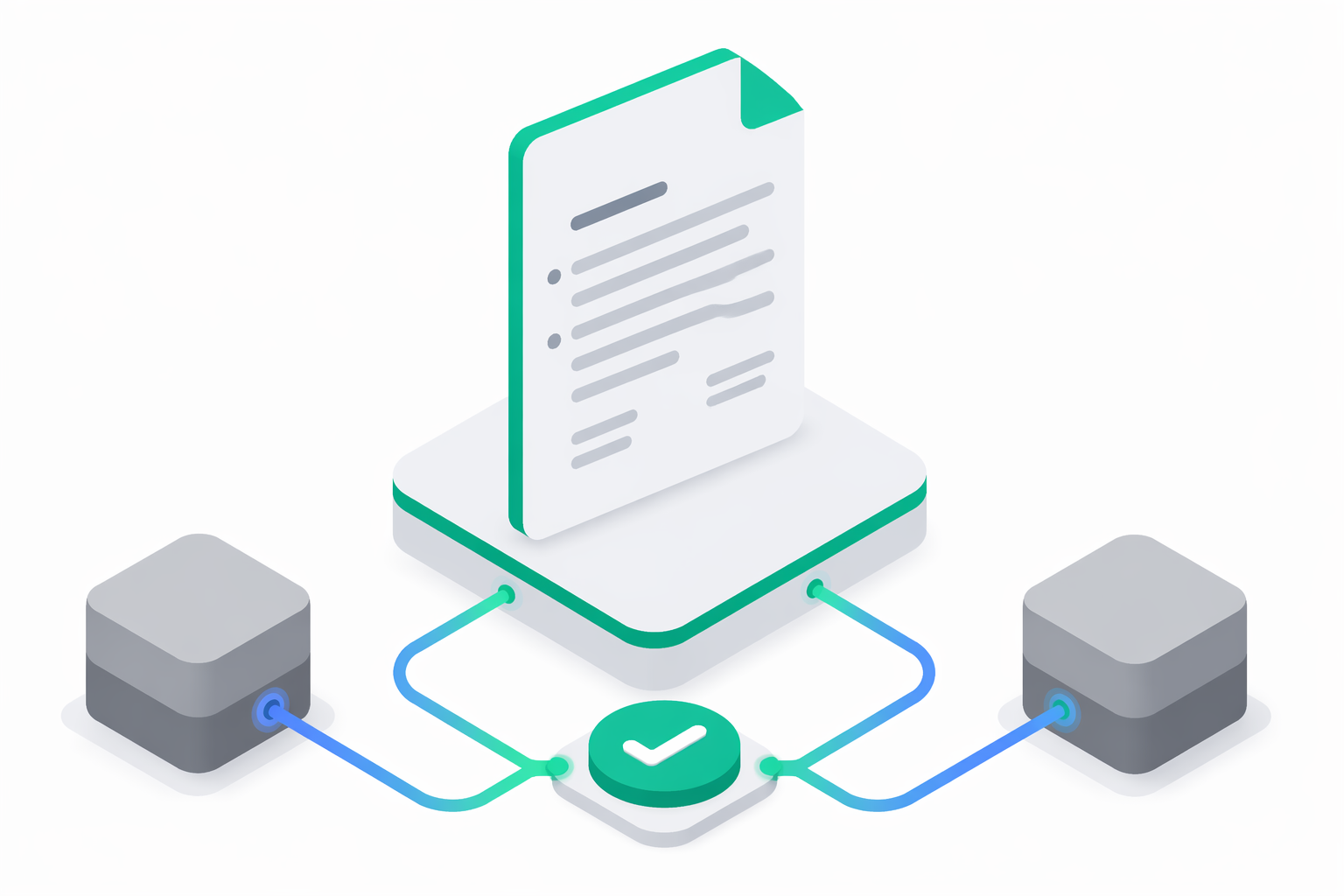 Isometric illustration of a stylized contract document with a checkmark seal connecting two abstract platform blocks via emerald-and-blue agreement lines