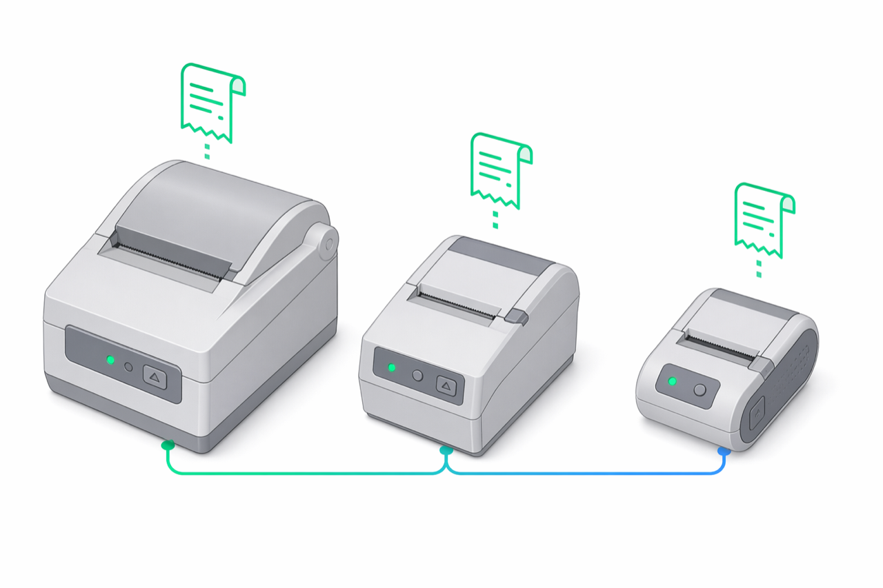 Ilustrație izometrică a trei imprimante fiscale Datecs — o unitate desktop mare, o unitate compactă de tejghea și o unitate mobilă mică — în griuri zinc cu LED-uri de stare emerald, conectate printr-o linie cu gradient de la emerald la albastru