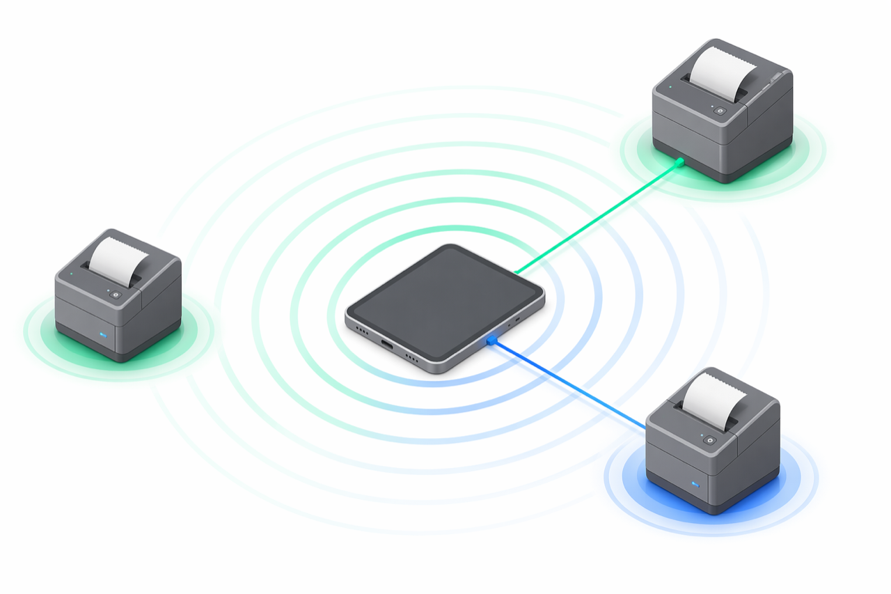 Isometric view of a tablet device emitting emerald and blue scan ripples to nearby fiscal printers over Wi-Fi and Bluetooth
