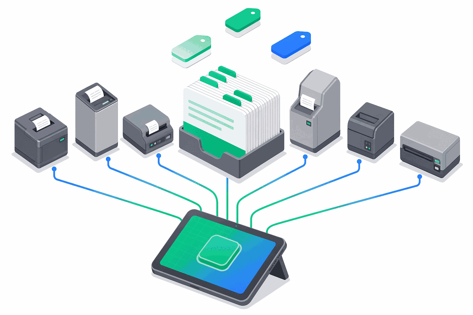 Isometric illustration of a tablet middleware device indexing a catalog of fiscal printer protocols, with emerald and blue connection lines fanning out to six fiscal printers
