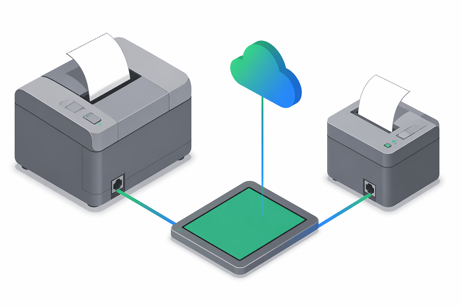 Ilustrație izometrică a două imprimante fiscale Incotex — o unitate desktop din seria 777 și o unitate compactă din seria 4000K — în griuri zinc cu LED-uri de stare emerald, conectate printr-o tabletă middleware la un nor cu gradient de la emerald la albastru