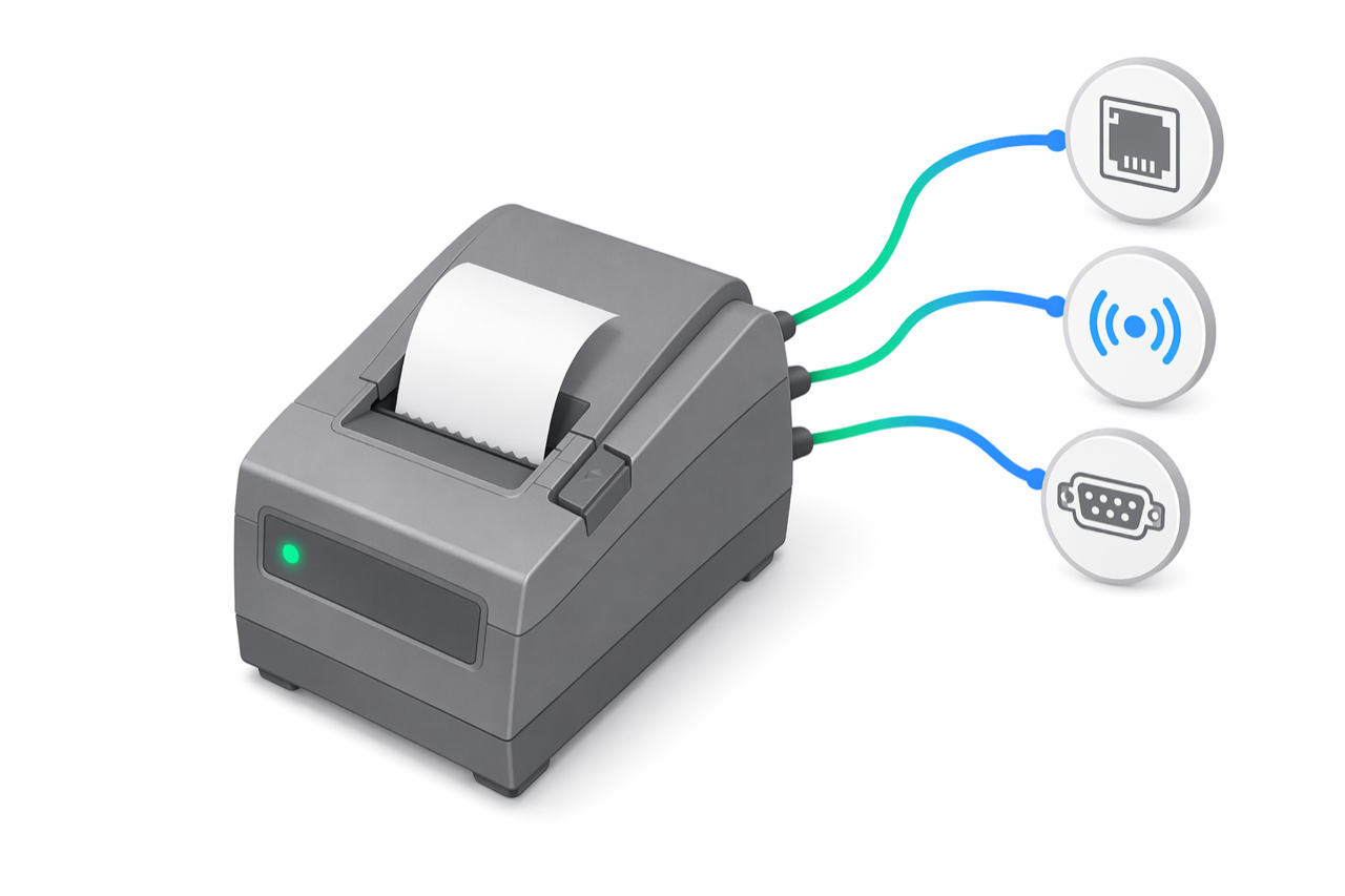 Isometric illustration of a zinc-gray Shtrih-M MF/JE fiscal printer with a paper roll feeding from the top, an emerald status LED on the front, and three connection lines fanning out to Ethernet, Bluetooth, and serial port icons in emerald-to-blue gradients on a white background