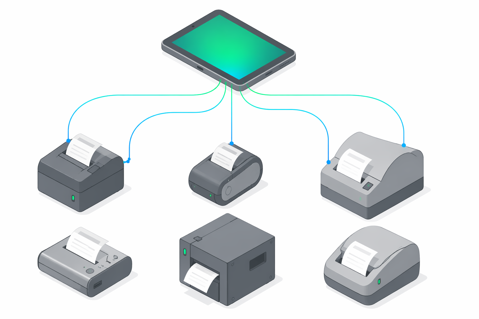 Ilustrație izometrică cu șase imprimante fiscale conectate printr-un dispozitiv tabletă intermediar prin linii verde smarald și albastre