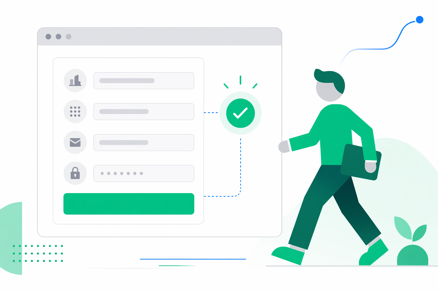 Ilustrație vectorială plată cu o scenă prietenoasă de înregistrare: o fereastră de browser stilizată cu un formular de înregistrare gol și o insignă verde cu bifă care indică verificarea reușită.
