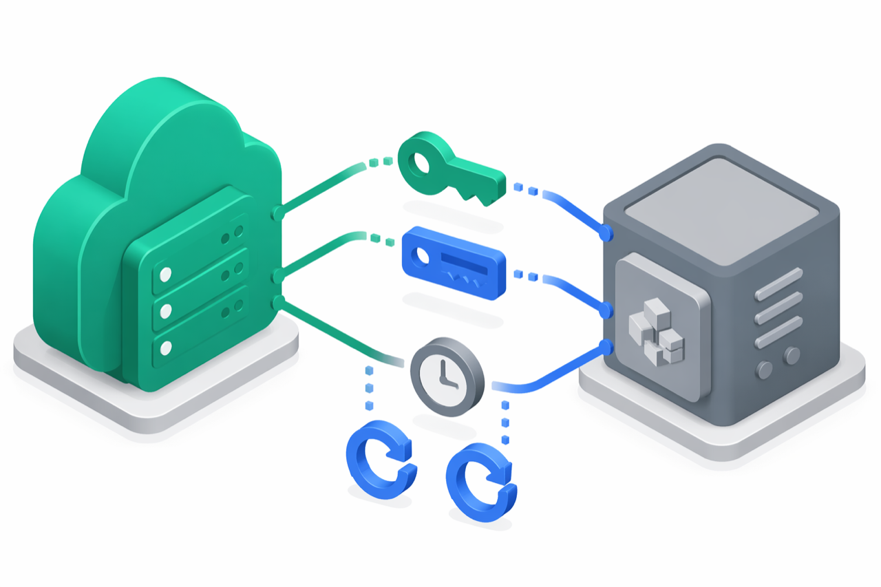 Ilustrație izometrică a transportului HTTP @e-bon/sdk: un server cloud verde smarald în stânga se conectează prin linii cu gradient smarald-spre-albastru la o cutie zinc-gri a clientului SDK în dreapta, cu jetoane plutitoare verzi și albastre care reprezintă cheile API și jetoanele bearer, un ceas zinc care simbolizează timeout-urile și săgeți circulare albastre de reîncercare
